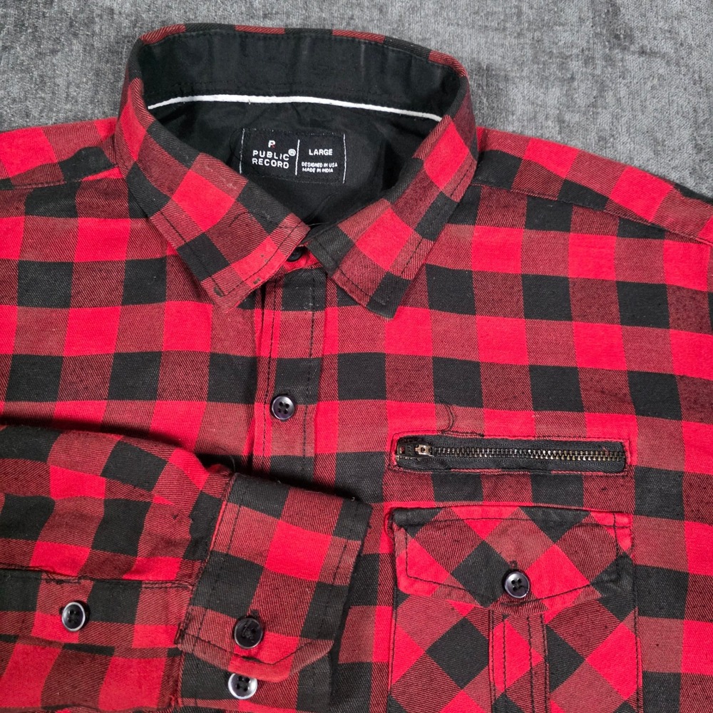 Public Record Mens Large Red Black Buffalo Plaid Distressed Button Up Shirt L